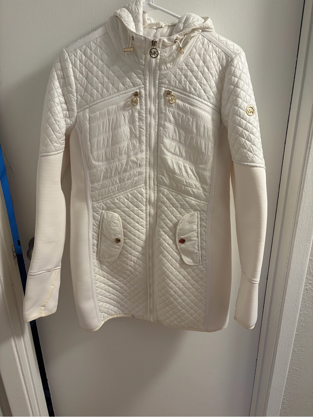 Michael Kors White Quilted Hooded Puffer Jacket with Gold Accents